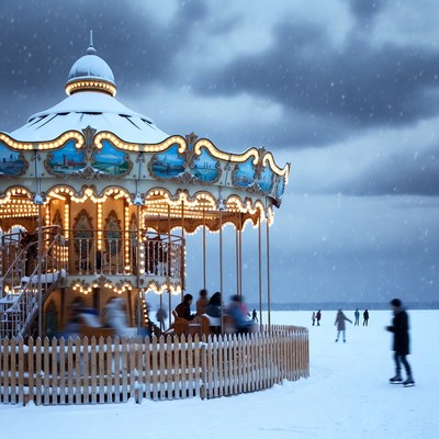 Winter carousel in snowy landscape