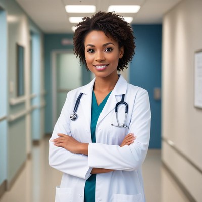 Confident healthcare professional in hallway