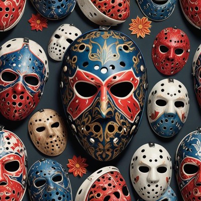 Colorful mask display in artistic arrangement