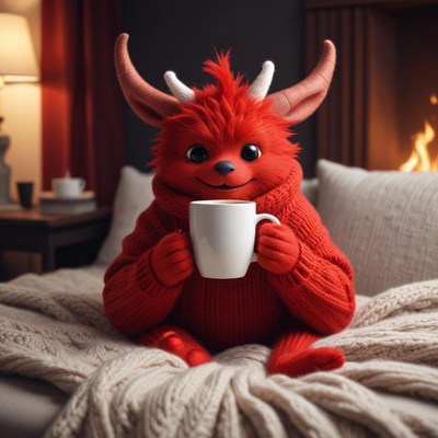 Cozy creature enjoys warm drink