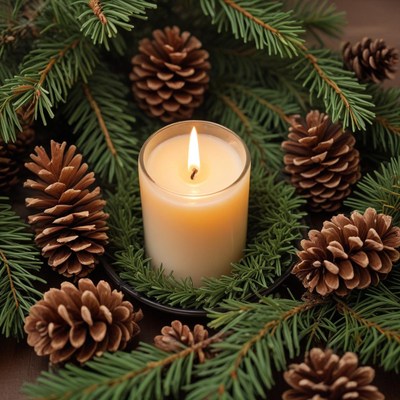 Cozy candle surrounded by pinecones