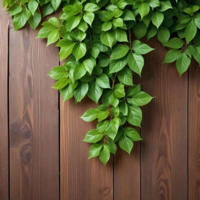 Lush green leaves on wooden fence
