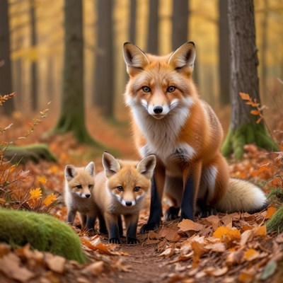 Fox family in autumn forest