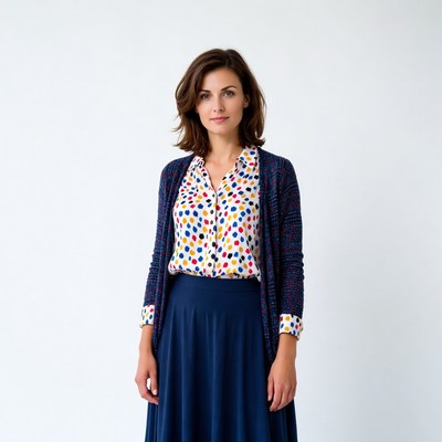 Woman in colorful outfit standing