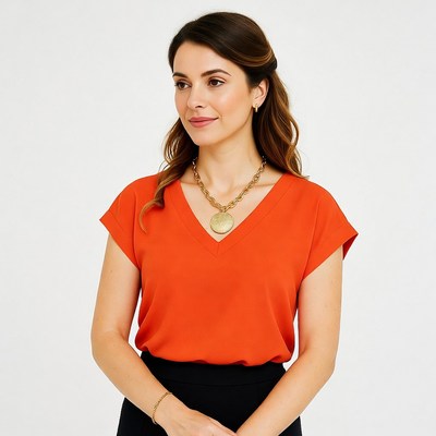 Woman in red top with necklace