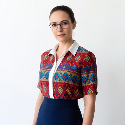 Elegant woman with glasses in colorful shirt