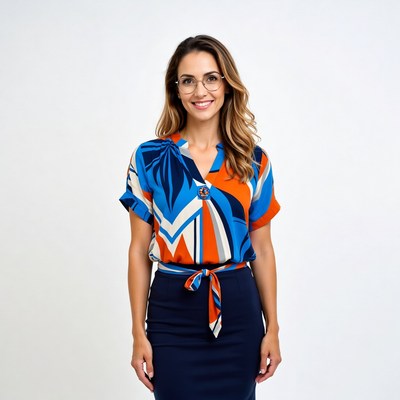 Smiling woman in colorful outfit