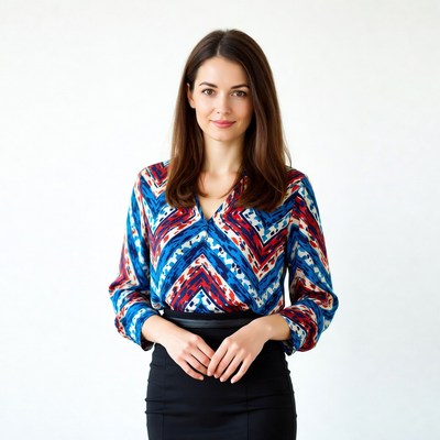 Confident woman in colorful blouse