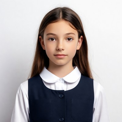 Young girl in school uniform posing thoughtfully