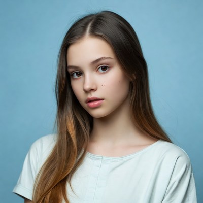 Young girl poses against blue backdrop