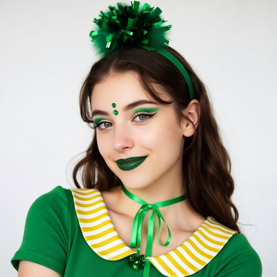 Young woman in vibrant green costume