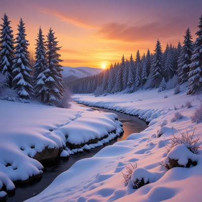 Snow-covered river at sunset