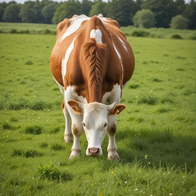 Cow grazing in green field