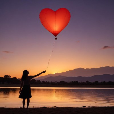 Heart-shaped balloon at sunset