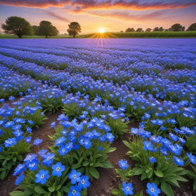 Sunlit blue flower field at dawn