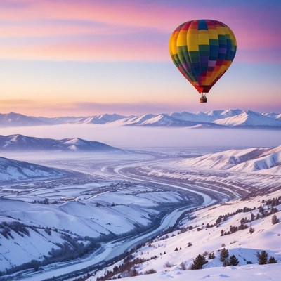 Colorful hot air balloon over snowy mountains