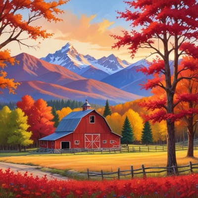 Red barn amidst colorful autumn landscape