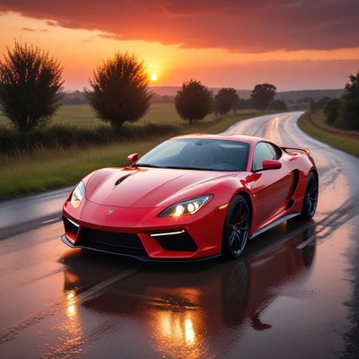Red sports car at sunset