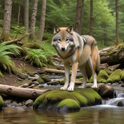 Wolf standing by a stream in a forest