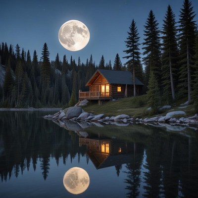 Moonlit cabin by serene lake