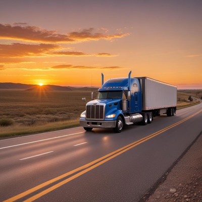 Long haul truck on sunset road