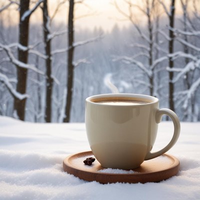 Warm coffee in snowy woods