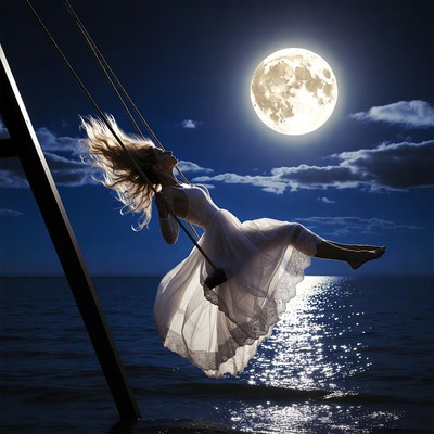 Moonlit swing over the ocean