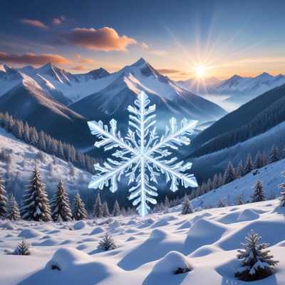 Snowy mountain landscape at sunrise