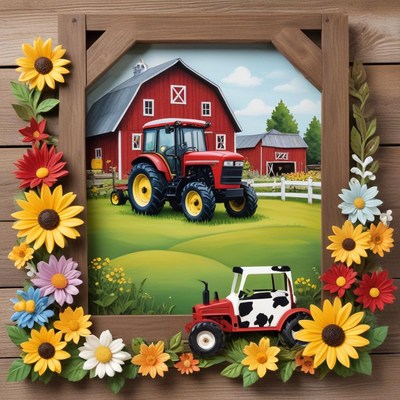 Bright farm scene with tractors