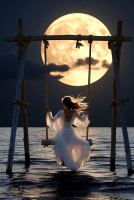 Woman swinging under full moon