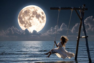 Girl swings under full moon