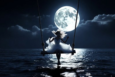 Girl on swing under moonlight