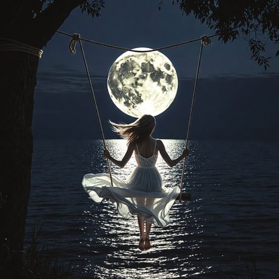 Girl swinging under glowing moon