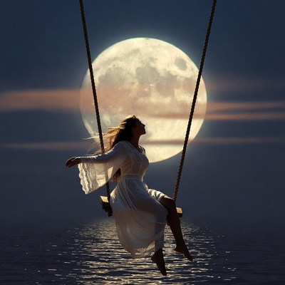 Moonlit swing over calm water