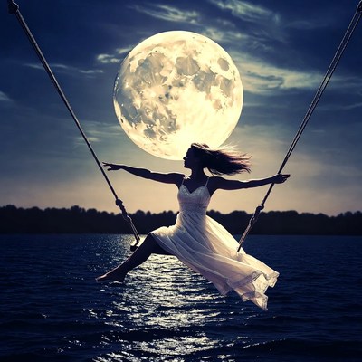 Woman swinging under a full moon