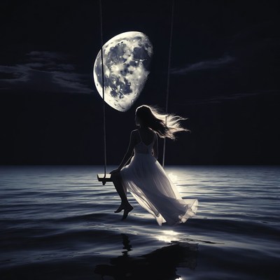 Moonlit swing above the ocean