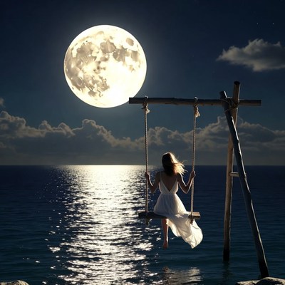 Moonlight swing by the ocean