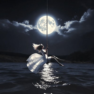 Girl swinging under moonlight
