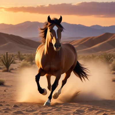 Horse running in desert at sunset
