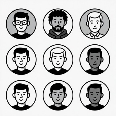 Diverse young men in circular portraits