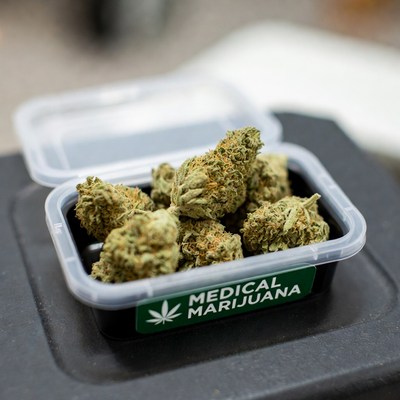 Medical marijuana in a plastic container