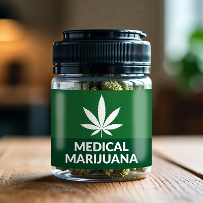 Glass jar of medical marijuana on wooden table