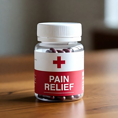 Pain relief bottle on wooden table