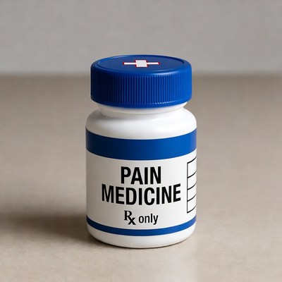 Bottle of pain medicine on table