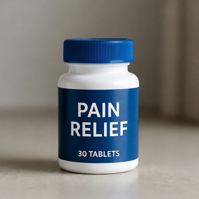 Bottle of pain relief tablets on surface