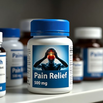 Bottles of pain relief medication on shelf