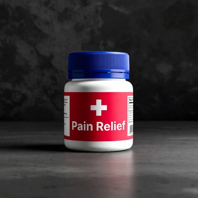 Pain relief medication container on display
