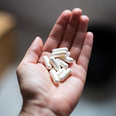 Hand holding white capsules