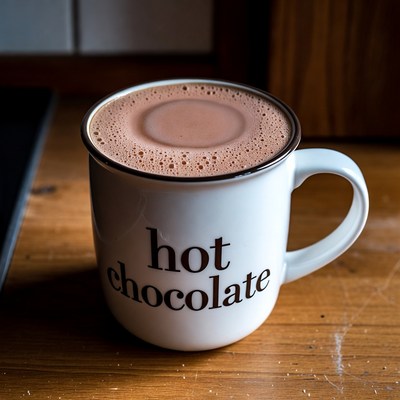 Warm cup of hot chocolate on a wooden table