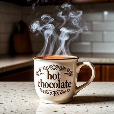 Cozy hot chocolate in warm kitchen